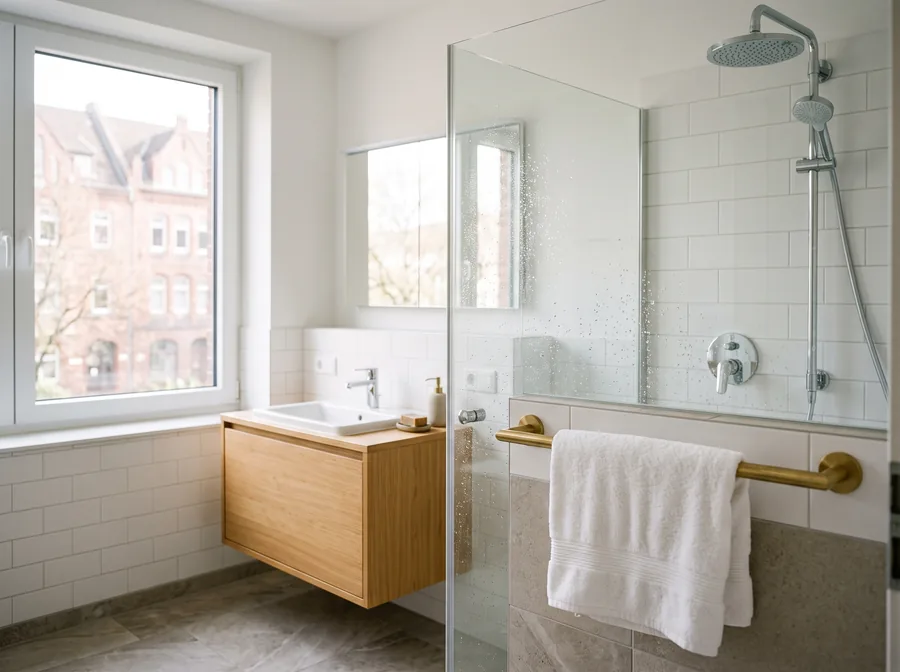Grundreinigung eines Ferienwohnungs-Badezimmers in Hamburg-Altona mit Fensterreinigung