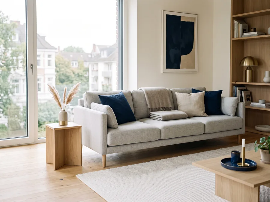 Frisch gereinigtes Sofa und Teppich in einer Ferienwohnung in Hamburg-Ottensen